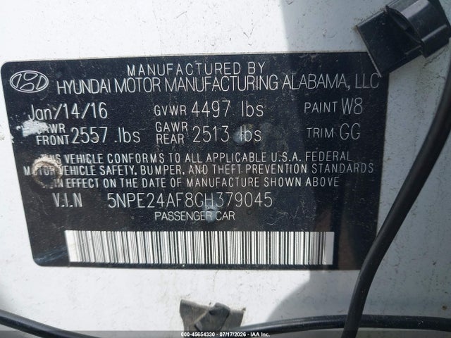 Продажа на аукционе авто 2016 Hyundai Sonata Se, vin: 5NPE24AF8GH379045, номер лота: 45654330
