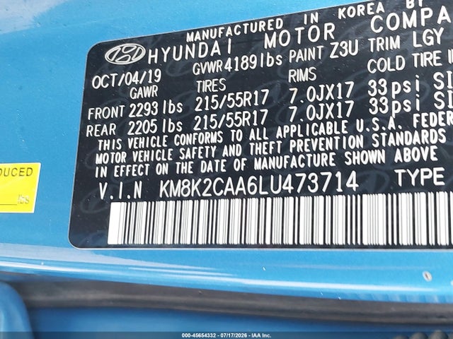Aukcja sprzedaży 2020 Hyundai Kona Sel, vin: KM8K2CAA6LU473714, numer aukcji: 45654332