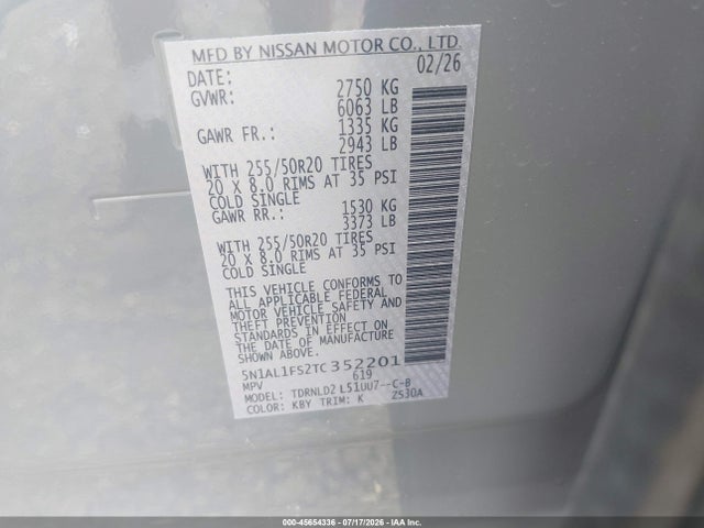45654336 :رقم المزاد ، 5N1AL1FS2TC352201 vin ، 2026 Infiniti Qx60 Luxe Awd مزاد بيع
