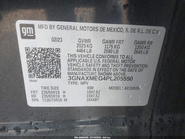 2023 Chevrolet Equinox Fwd Rs მანქანა იყიდება აუქციონზე, vin: 3GNAXMEG4PL205550, აუქციონის ნომერი: 45654339