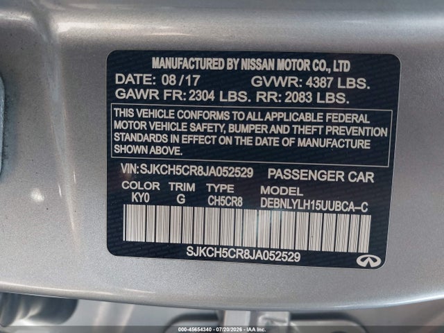 2018 Infiniti Qx30 Premium მანქანა იყიდება აუქციონზე, vin: SJKCH5CR8JA052529, აუქციონის ნომერი: 45654340