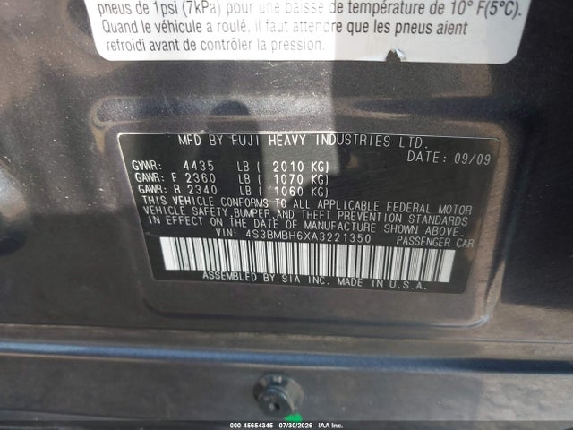 Продаж на аукціоні авто 2010 Subaru Legacy 2.5i Premium, vin: 4S3BMBH6XA3221350, номер лоту: 45654345
