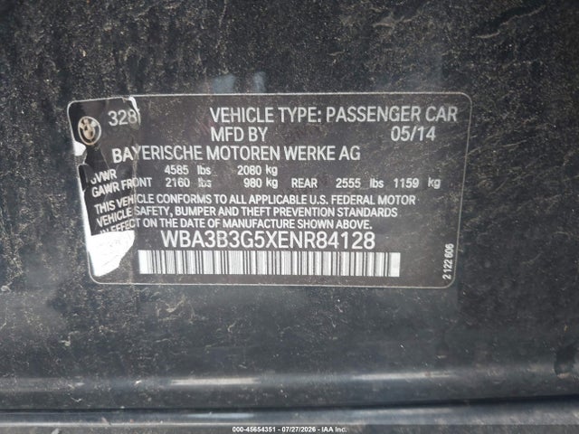45654351 :رقم المزاد ، WBA3B3G5XENR84128 vin ، 2014 Bmw 328i Xdrive مزاد بيع