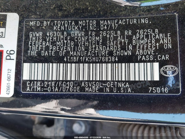 45654358 :رقم المزاد ، 4T1BF1FK5HU768384 vin ، 2017 Toyota Camry Le مزاد بيع