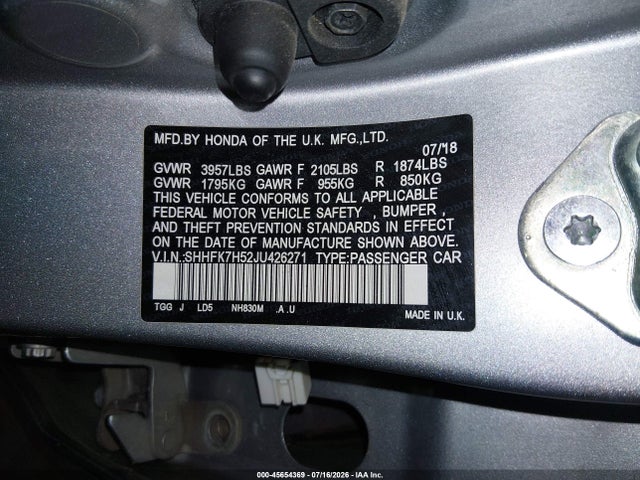 Honda CIVIC EX 2018 SHHFK7H52JU426271 Image 9