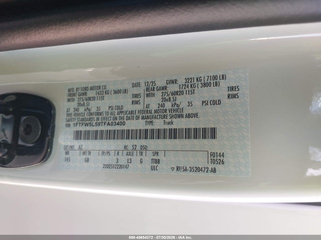 Продаж на аукціоні авто 2026 Ford F-150 Lariat, vin: 1FTFW5L59TFA03400, номер лоту: 45654372