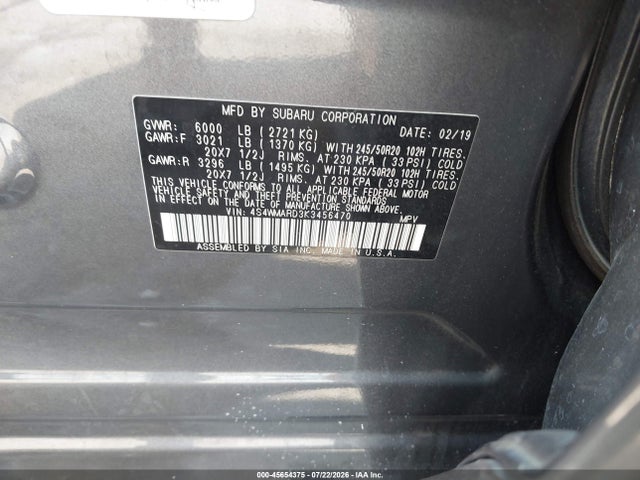 45654375 :رقم المزاد ، 4S4WMARD3K3456470 vin ، 2019 Subaru Ascent Touring مزاد بيع