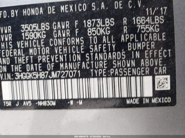 45654379 :رقم المزاد ، 3HGGK5H87JM727071 vin ، 2018 Honda Fit Ex مزاد بيع
