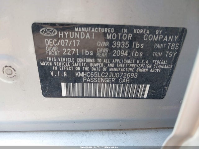 2018 Hyundai Ioniq Hybrid Blue მანქანა იყიდება აუქციონზე, vin: KMHC65LC2JU072693, აუქციონის ნომერი: 45654410