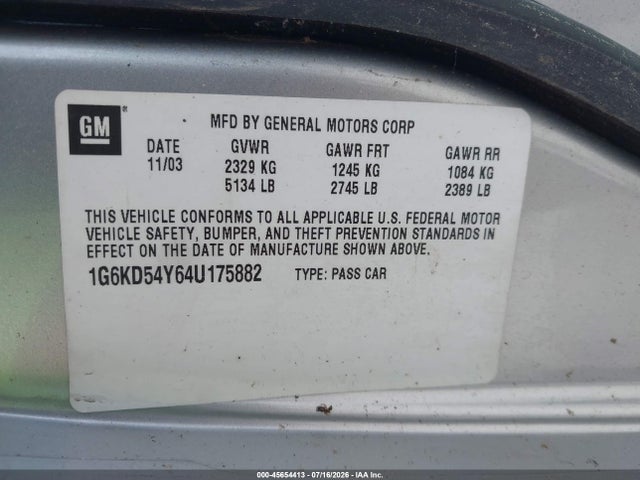 45654413 :رقم المزاد ، 1G6KD54Y64U175882 vin ، 2004 Cadillac Deville Standard مزاد بيع