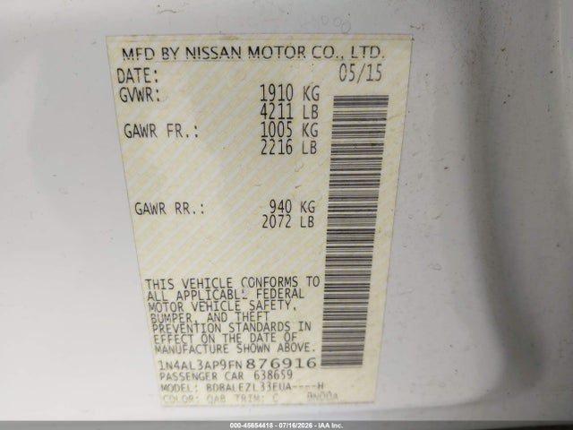Nissan Altima 2.5 S 2015 1N4AL3AP9FN876916 Image 9