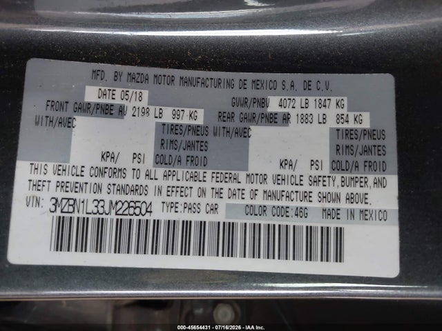45654431 :رقم المزاد ، 3MZBN1L33JM226504 vin ، 2018 Mazda Mazda3 Touring مزاد بيع