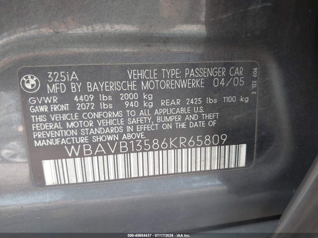 2006 Bmw 325i მანქანა იყიდება აუქციონზე, vin: WBAVB13586KR65809, აუქციონის ნომერი: 45654437