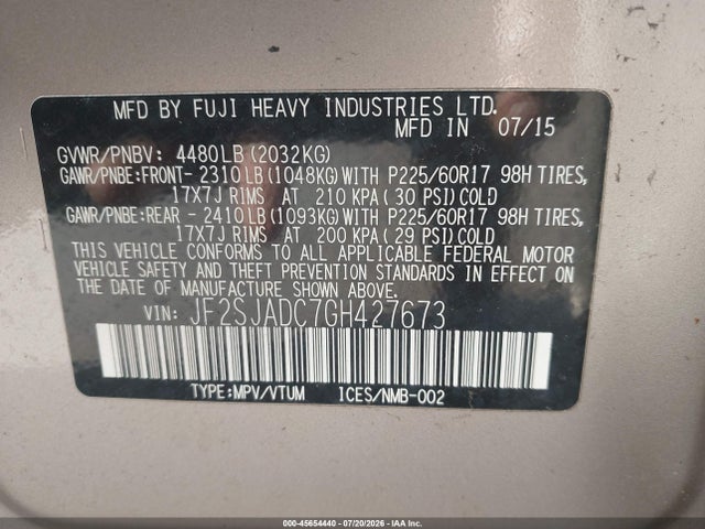 Aukcja sprzedaży 2016 Subaru Forester 2.5i Premium, vin: JF2SJADC7GH427673, numer aukcji: 45654440