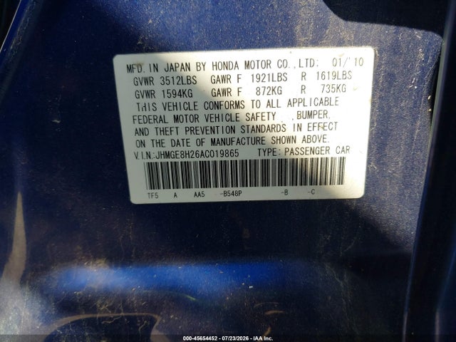 Auction sale of the 2010 Honda Fit, vin: JHMGE8H26AC019865, lot number: 45654452