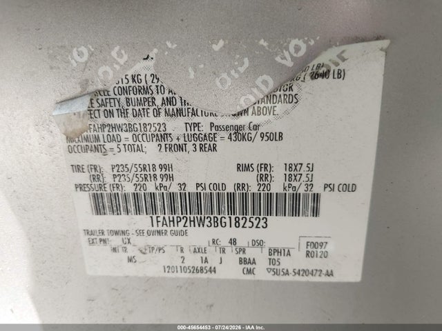 Продаж на аукціоні авто 2011 Ford Taurus Sel, vin: 1FAHP2HW3BG182523, номер лоту: 45654453