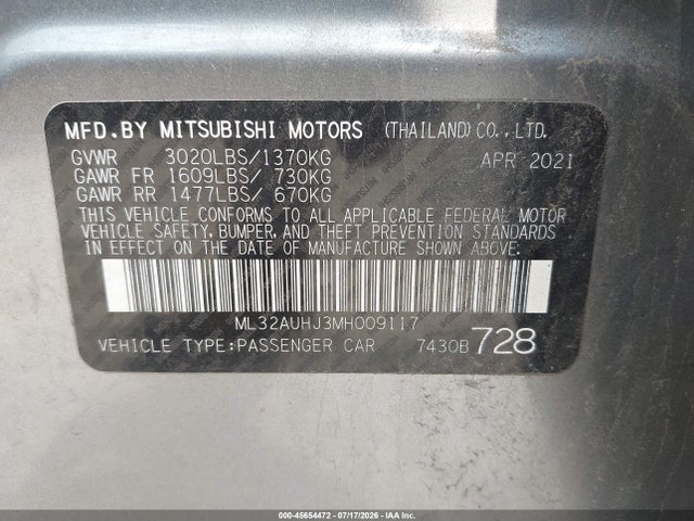 Aukcja sprzedaży 2021 Mitsubishi Mirage Carbonite Edition/es/le, vin: ML32AUHJ3MH009117, numer aukcji: 45654472