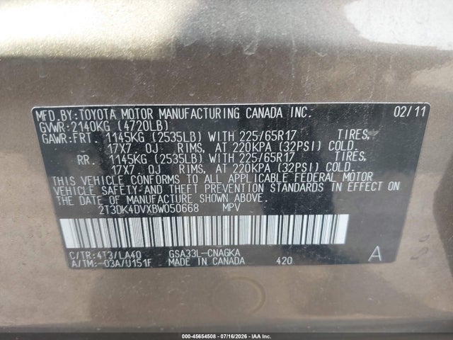 Продажа на аукционе авто 2011 Toyota Rav4 Limited V6, vin: 2T3DK4DVXBW050668, номер лота: 45654508