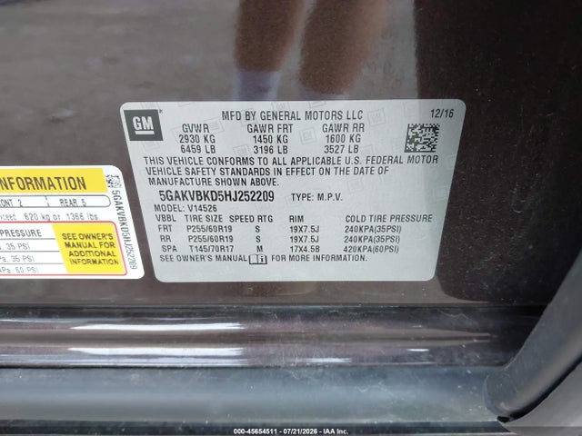 Продажа на аукционе авто 2017 Buick Enclave Leather, vin: 5GAKVBKD5HJ252209, номер лота: 45654511