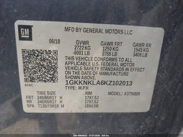 45654533 :رقم المزاد ، 1GKKNKLA6KZ102013 vin ، 2019 Gmc Acadia Sle-1 مزاد بيع