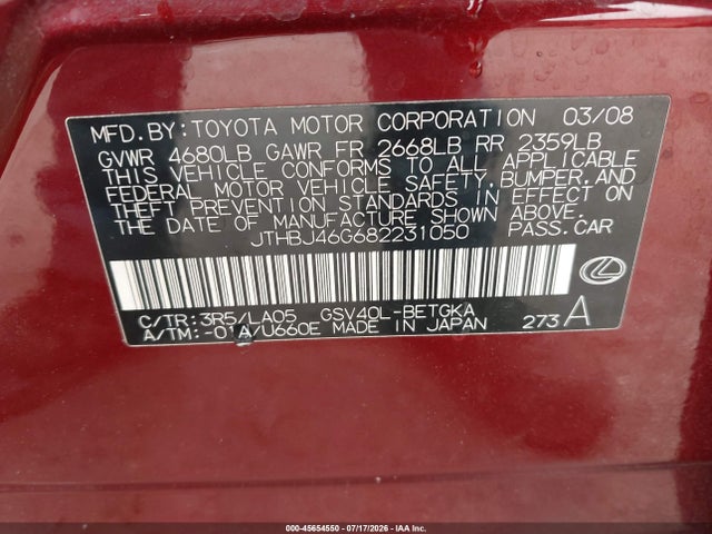 45654550 :رقم المزاد ، JTHBJ46G682231050 vin ، 2008 Lexus Es 350 مزاد بيع