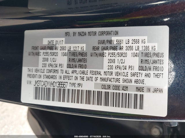 Aukcja sprzedaży 2017 Mazda Cx-9 Grand Touring, vin: JM3TCADYXH0136567, numer aukcji: 45654560