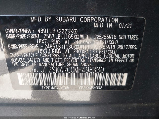 Продаж на аукціоні авто 2021 Subaru Forester Sport, vin: JF2SKARC0MH498330, номер лоту: 45654565