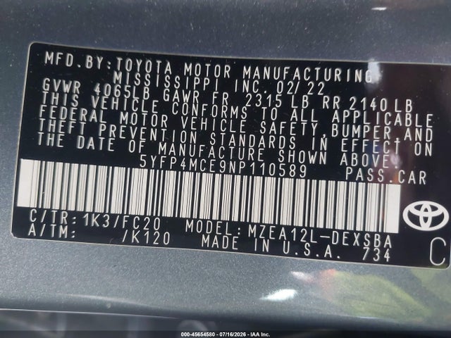 Toyota COROLLA SE 2022 5YFP4MCE9NP110589 Image 9
