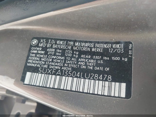 Aukcja sprzedaży 2004 Bmw X5 3.0i, vin: 5UXFA13504LU28478, numer aukcji: 45654583