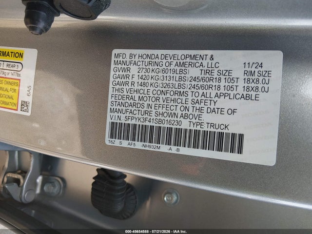 Aukcja sprzedaży 2025 Honda Ridgeline Rtl+, vin: 5FPYK3F41SB016230, numer aukcji: 45654588