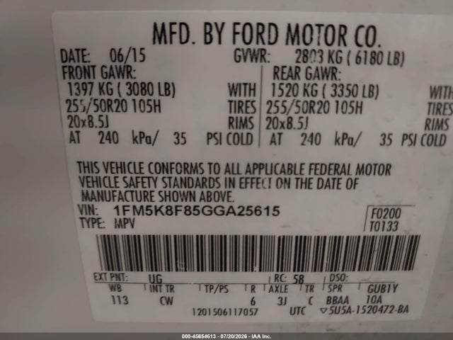 2016 Ford Explorer Limited მანქანა იყიდება აუქციონზე, vin: 1FM5K8F85GGA25615, აუქციონის ნომერი: 45654613