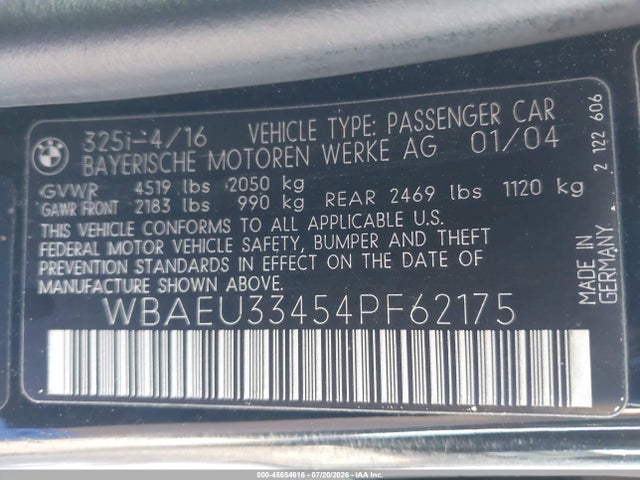 Aukcja sprzedaży 2004 Bmw 325xi, vin: WBAEU33454PF62175, numer aukcji: 45654616
