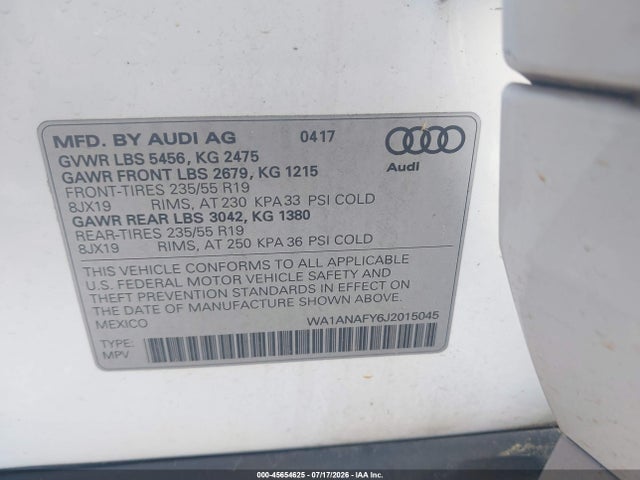 Продажа на аукционе авто 2018 Audi Q5, vin: WA1ANAFY6J2015045, номер лота: 45654625