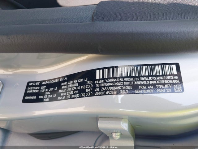 45654629 :رقم المزاد ، ZASPAKBN8N7D40065 vin ، 2022 Alfa Romeo Stelvio Ti Awd مزاد بيع