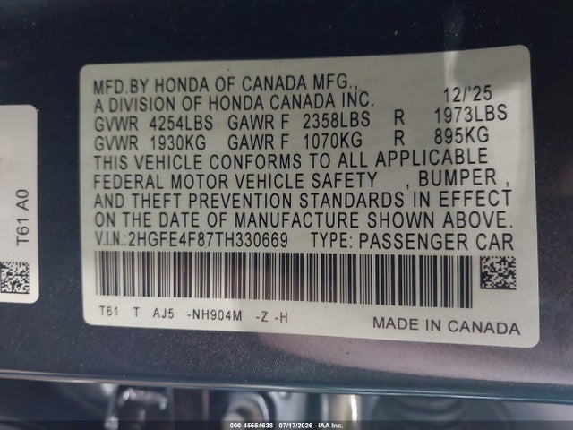 Продажа на аукционе авто 2026 Honda Civic Hybrid Sport/sport Touring, vin: 2HGFE4F87TH330669, номер лота: 45654638