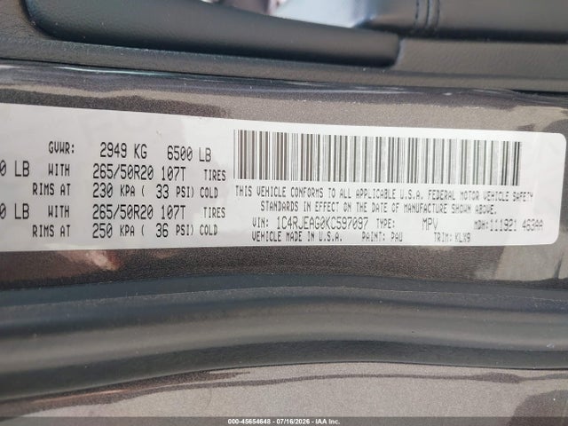 45654648 :رقم المزاد ، 1C4RJEAG0KC597097 vin ، 2019 Jeep Grand Cherokee Altitude 4x2 مزاد بيع