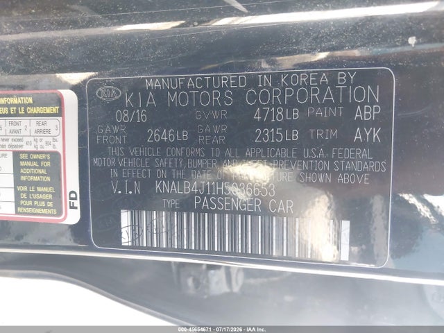 45654671 :رقم المزاد ، KNALB4J11H5036653 vin ، 2017 Kia Cadenza Premium مزاد بيع
