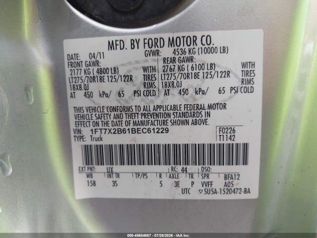 Продаж на аукціоні авто 2011 Ford Super Duty F-250 Srw Xlt, vin: 1FT7X2B61BEC61229, номер лоту: 45654687