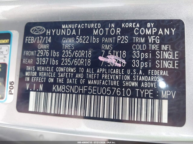 KM8SNDHF5EU057610 Hyundai Santa Fe Limited
