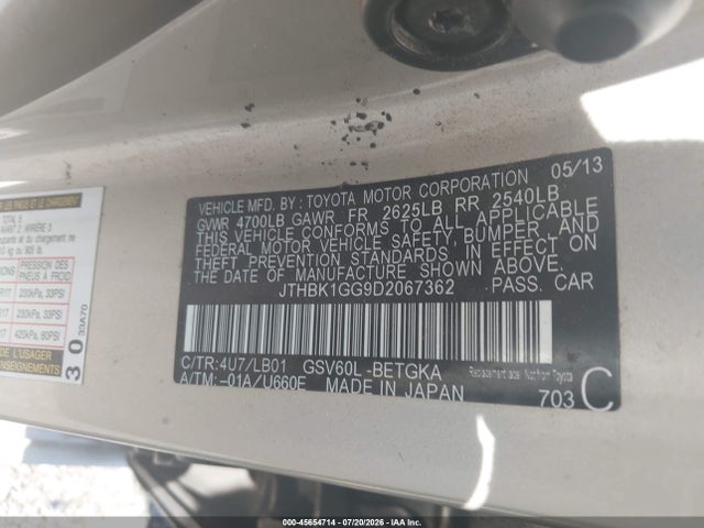 Продаж на аукціоні авто 2013 Lexus Es 350, vin: JTHBK1GG9D2067362, номер лоту: 45654714
