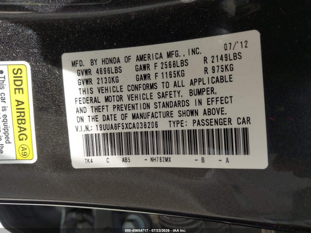 2012 Acura Tl 3.5 მანქანა იყიდება აუქციონზე, vin: 19UUA8F5XCA038206, აუქციონის ნომერი: 45654717