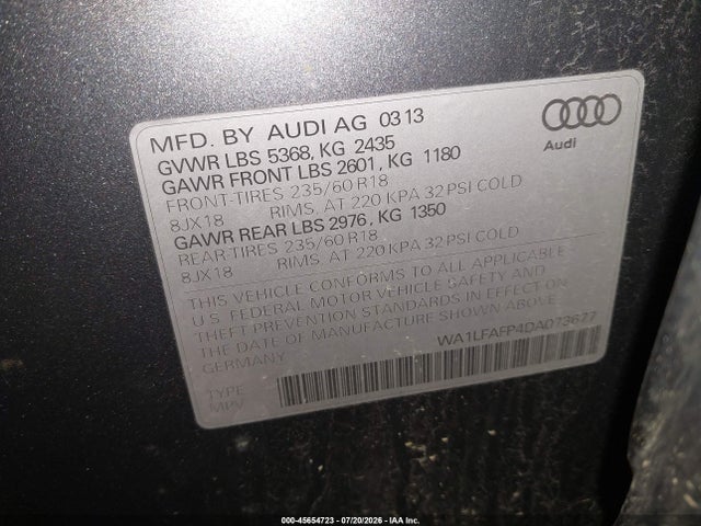 45654723 :رقم المزاد ، WA1LFAFP4DA073677 vin ، 2013 Audi Q5 2.0t Premium مزاد بيع