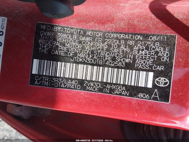 45654726 :رقم المزاد ، JTDKN3DU1B1402583 vin ، 2011 Toyota Prius Four مزاد بيع