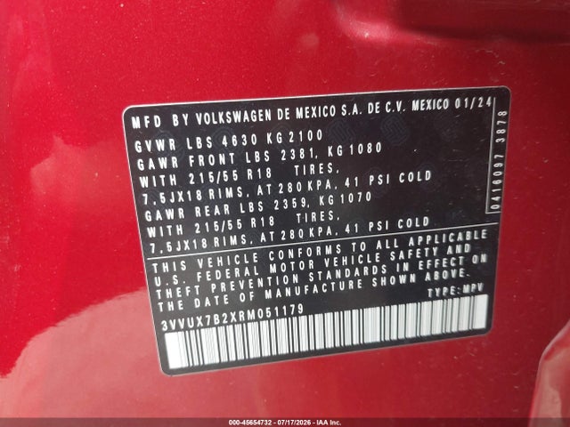 Aukcja sprzedaży 2024 Volkswagen Taos 1.5t Se, vin: 3VVUX7B2XRM051179, numer aukcji: 45654732
