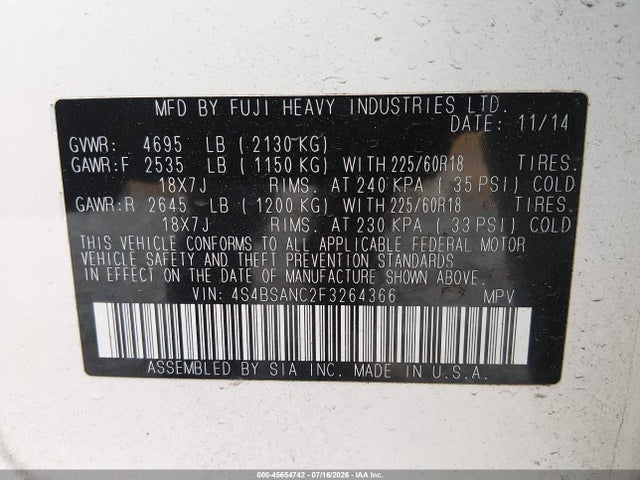 45654742 :رقم المزاد ، 4S4BSANC2F3264366 vin ، 2015 Subaru Outback 2.5i Limited مزاد بيع