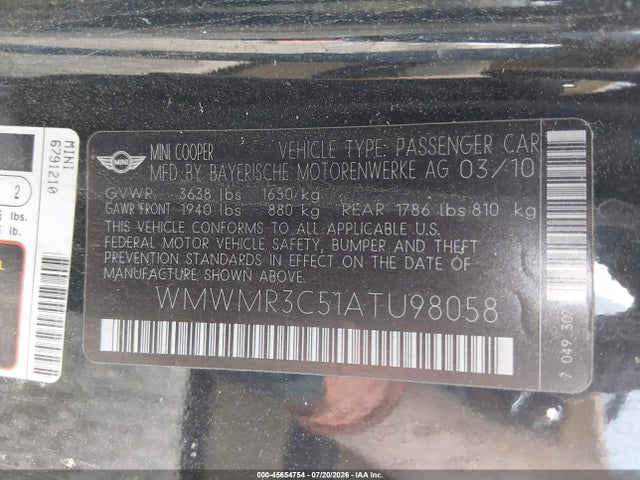45654754 :رقم المزاد ، WMWMR3C51ATU98058 vin ، 2010 Mini Cooper مزاد بيع