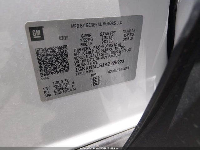 Продаж на аукціоні авто 2019 Gmc Acadia Slt-1, vin: 1GKKNMLS1KZ226923, номер лоту: 45654786