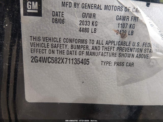 45654793 :رقم المزاد ، 2G4WC582X71135405 vin ، 2007 Buick Lacrosse Cx مزاد بيع