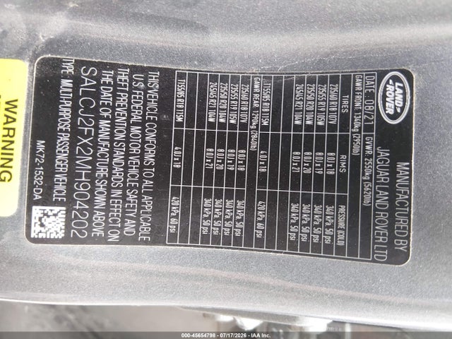 45654798 :رقم المزاد ، SALCJ2FX2MH904202 vin ، 2021 Land Rover Discovery Sport S مزاد بيع