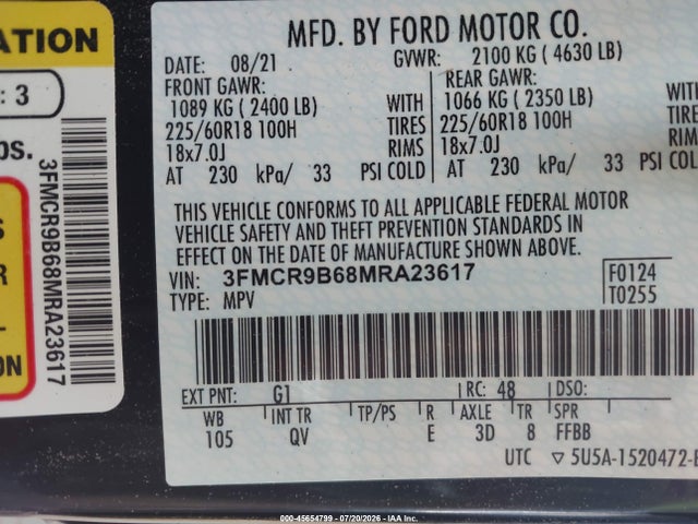 2021 Ford Bronco Sport Big Bend მანქანა იყიდება აუქციონზე, vin: 3FMCR9B68MRA23617, აუქციონის ნომერი: 45654799